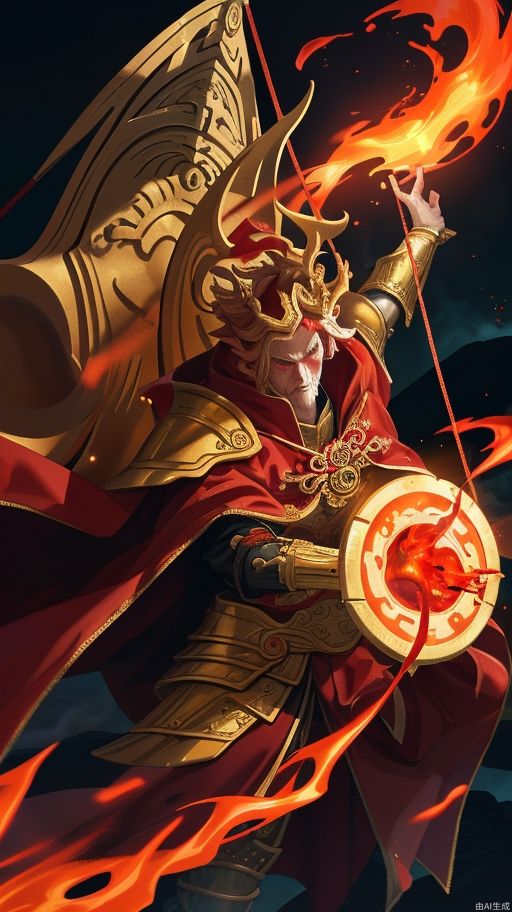 The figure of Monkey King, dressed in dark gold cloud pattern full armor, cloak blood red flame cloak, holding a wishful golden hoop, suspended in the air, lava in the background