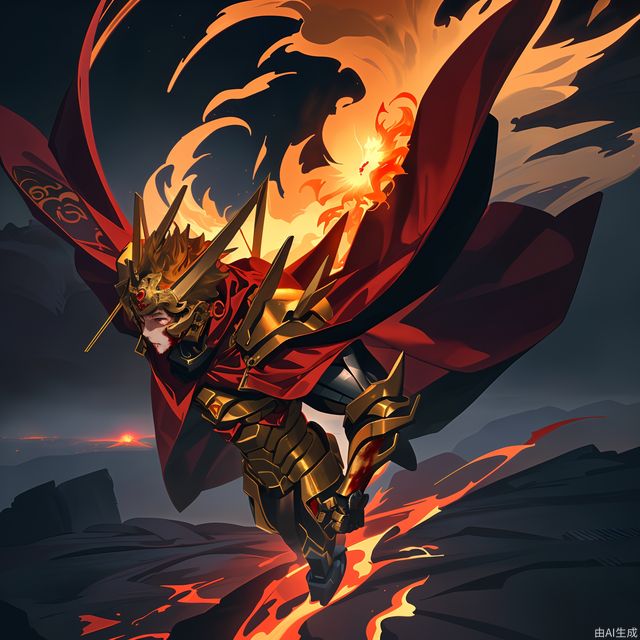 The figure of Sun Wukong, dressed in dark gold cloud pattern full armor, draped in a blood-red flame cloak, holding a wishful gold hoop, suspended in the air, with lava in the background