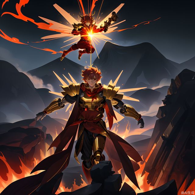 The figure of Sun Wukong, dressed in dark gold cloud pattern full armor, draped in a blood-red flame cloak, holding a wishful gold hoop, suspended in the air, with lava in the background