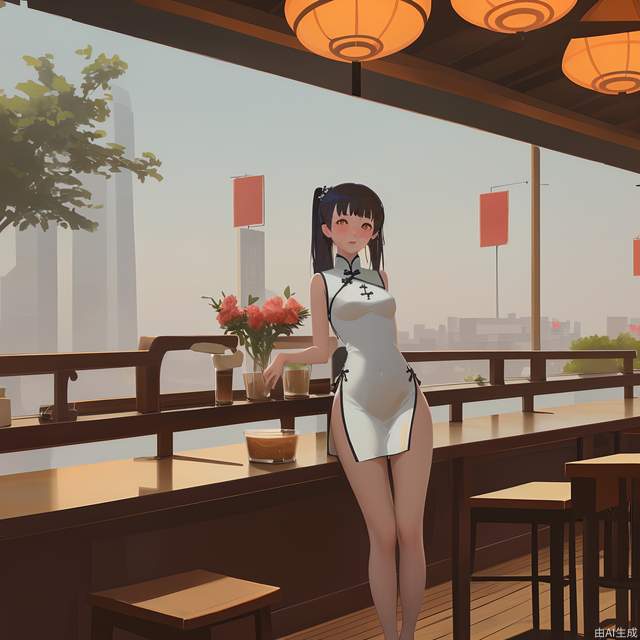 1girl, china_dress, bent_over, incredibly absurdres, in summer, cafe, panorama