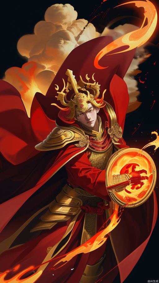 The figure of Monkey King, dressed in dark gold cloud pattern full armor, cloak blood red flame cloak, holding a wishful golden hoop, suspended in the air, lava in the background