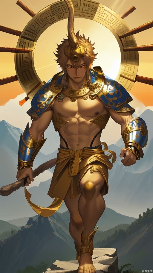 Sun Wukong, wearing silver moire inlaid with gold-edged soft armor, holding a wishful gold hoop, stepped on the top of the mountain,