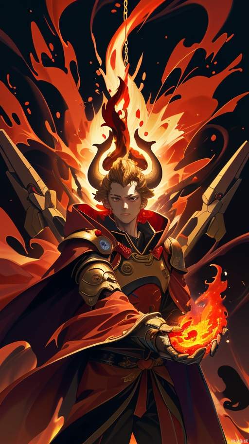 The figure of Monkey King, dressed in dark gold cloud pattern full armor, cloak blood red flame cloak, holding a wishful golden hoop, suspended in the air, lava in the background