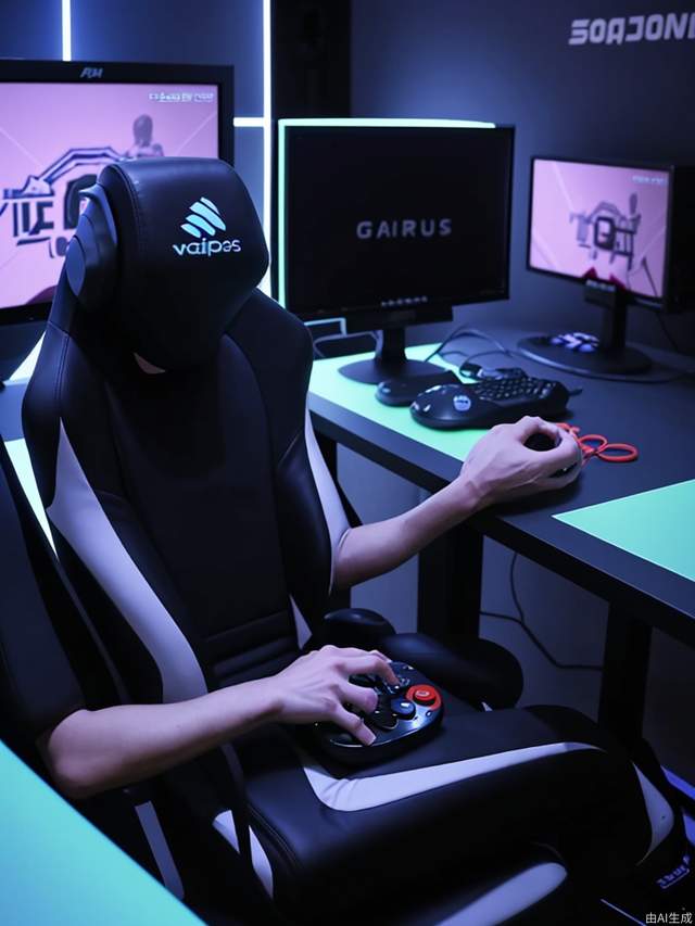 A man is sitting on a chair playing games in an esports room