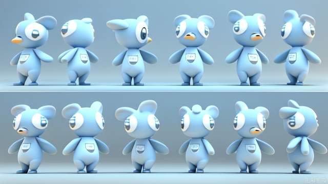 Three views, full body, front, side, back, cartoon ip, black little swan, round and cute, milk whirring, soft, cute, anthropomorphic, clean background, pop mart, pixar, ip blind box, clay material, soft colors, studio lighting, octane rendering, 3d, c4d, super high definition 8k, 16:9 aspect ratio