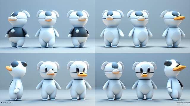 Three views, full body, front, side, back, cartoon ip, black little swan, round and cute, milk whirring, soft, cute, anthropomorphic, clean background, pop mart, pixar, ip blind box, clay material, soft colors, studio lighting, octane rendering, 3d, c4d, super high definition 8k, 16:9 aspect ratio