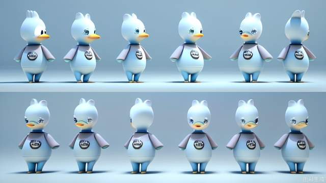 Three views, full body, front, side, back, cartoon ip, black little swan, round and cute, milk whirring, soft, cute, anthropomorphic, clean background, pop mart, pixar, ip blind box, clay material, soft colors, studio lighting, octane rendering, 3d, c4d, super high definition 8k, 16:9 aspect ratio