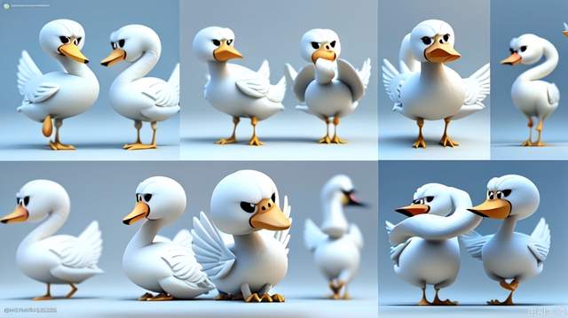 Three views, full body, front, side, back, cartoon ip, swan, round cute, soft, cute, anthropomorphic, clean background, pop market, pixar, ip blind box, clay material, soft colors, studio lighting, 3d, c4d, super high definition 8k