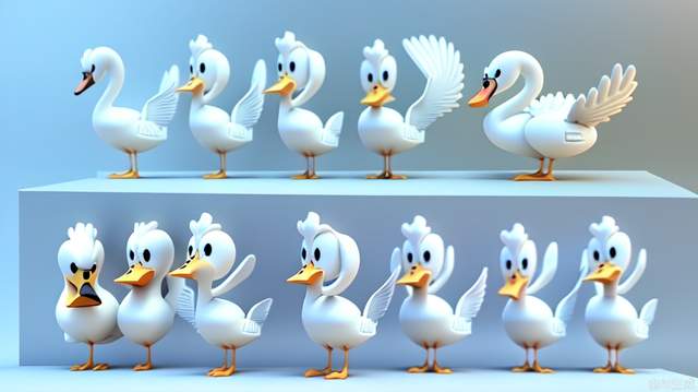 Three views, full body, front, side, back, cartoon ip, swan, round cute, soft, cute, anthropomorphic, clean background, pop market, pixar, ip blind box, clay material, soft colors, studio lighting, 3d, c4d, super high definition 8k