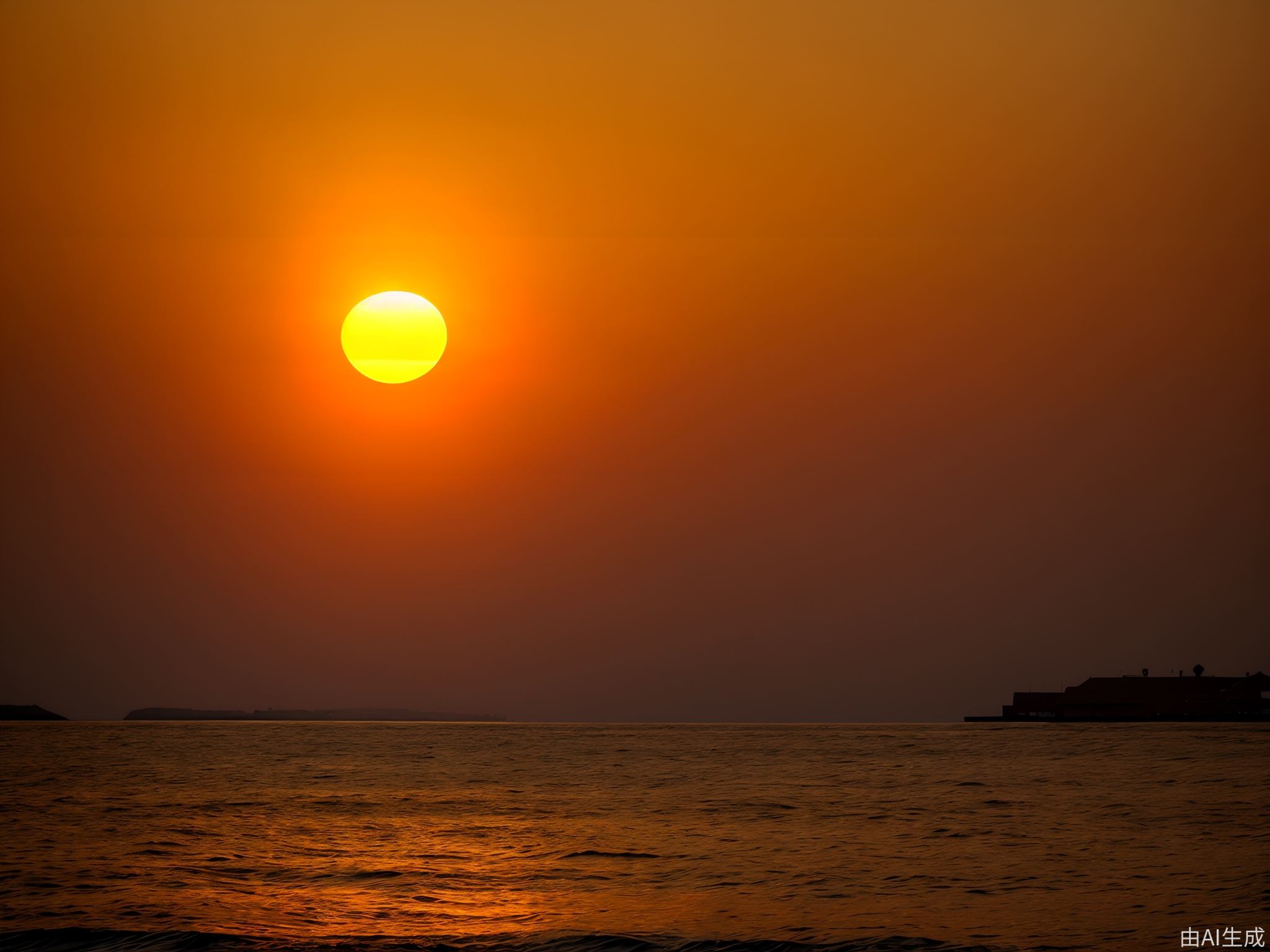 真实摄影，浩瀚的金红色太阳从海上云层后升