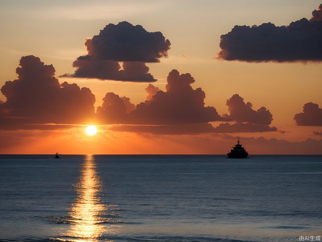 True photography, the vast golden red sun rises from behind clouds on the sea