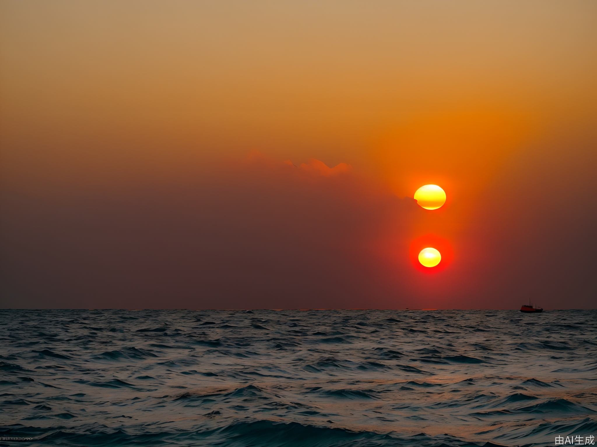 真实摄影，浩瀚的金红色太阳从海上云层后升