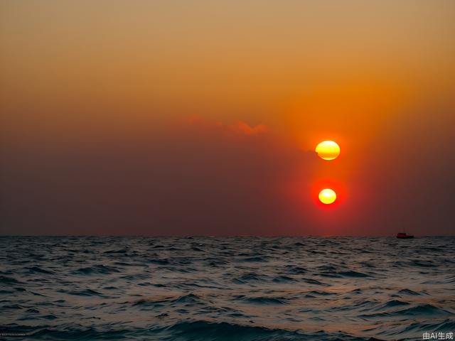 True photography, the vast golden red sun rises from behind clouds on the sea