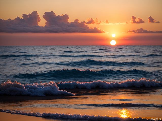 True photography, the vast golden red sun rises from behind clouds on the sea