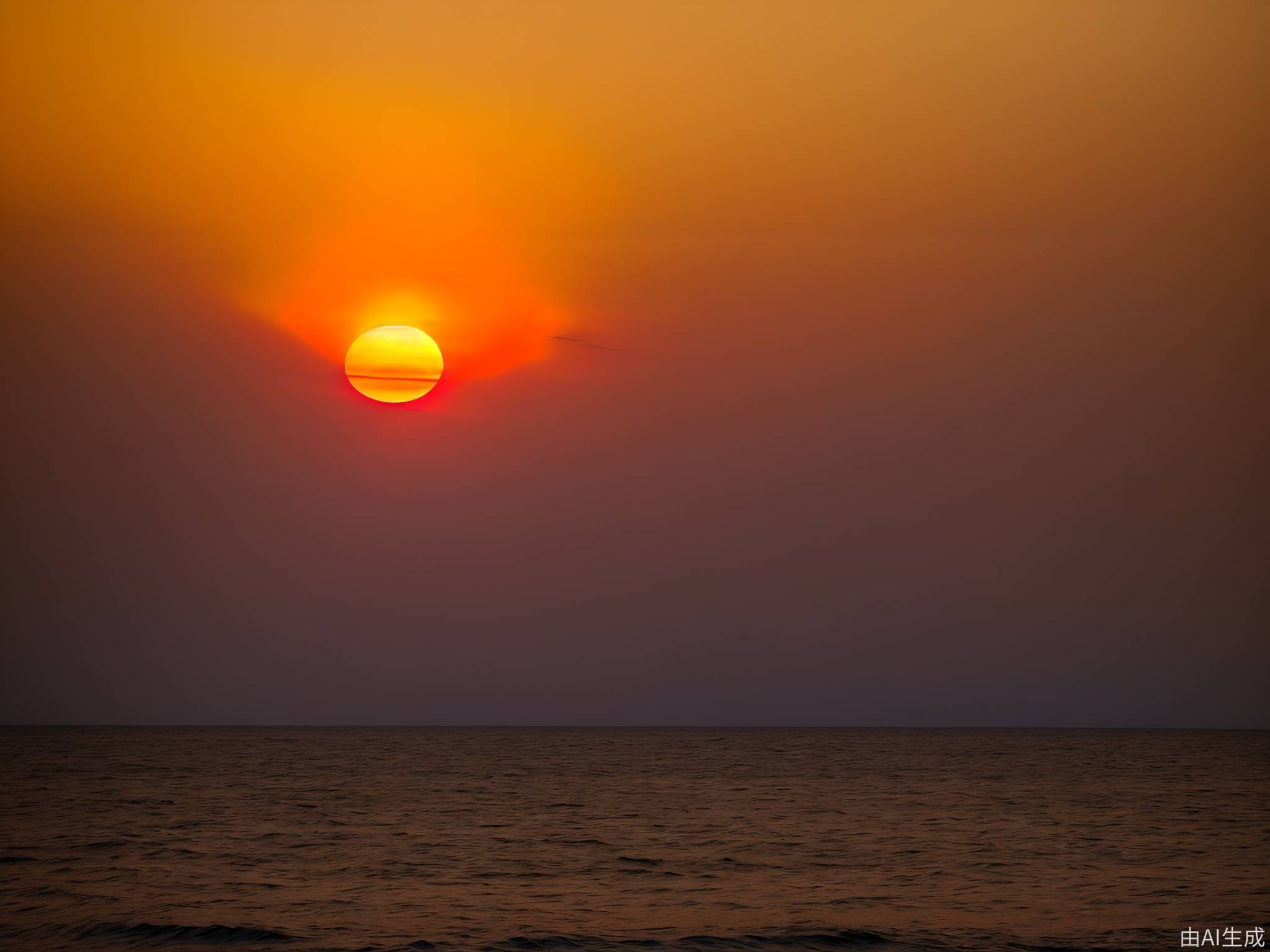 真实摄影，浩瀚的金红色太阳从海上云层后升