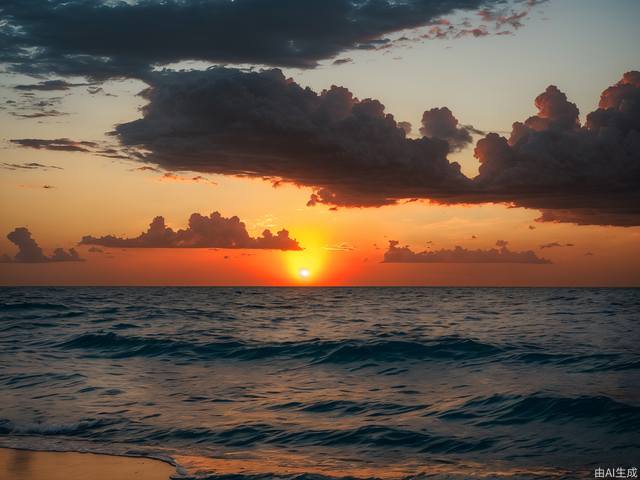 True photography, the vast golden red sun rises from behind clouds on the sea