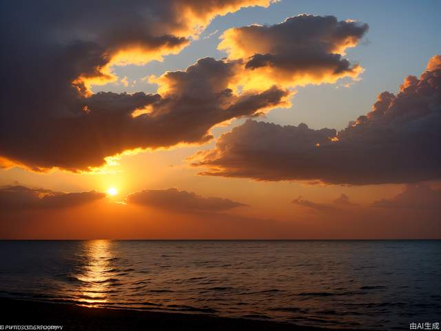 True photography, the vast golden red sun rises from behind clouds on the sea