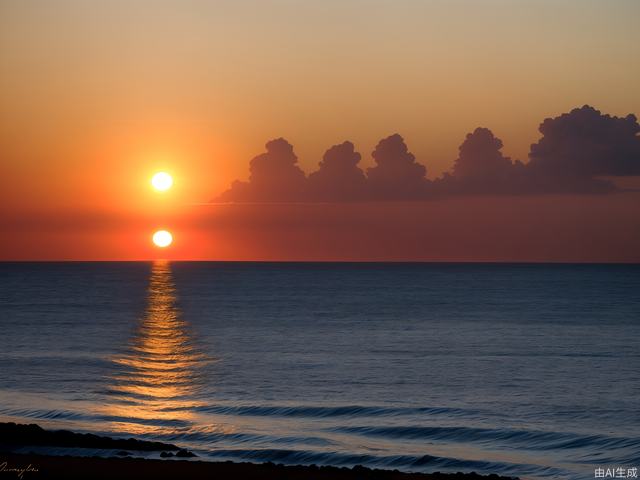 True photography, the vast golden red sun rises from behind clouds on the sea