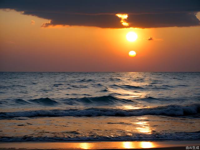 True photography, the vast golden red sun rises from behind clouds on the sea