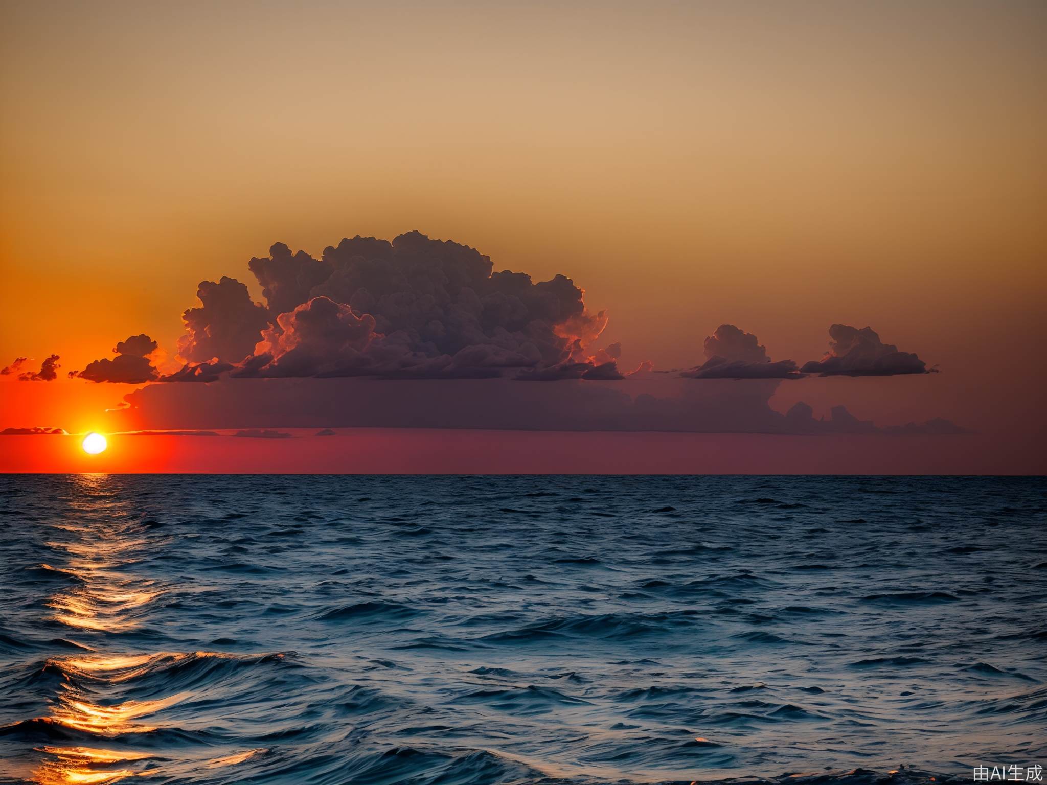 真实摄影，浩瀚的金红色太阳从海上云层后升