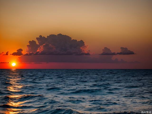 True photography, the vast golden red sun rises from behind clouds on the sea