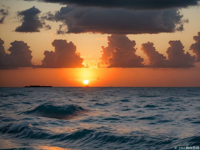 True photography, the vast golden red sun rises from behind clouds on the sea