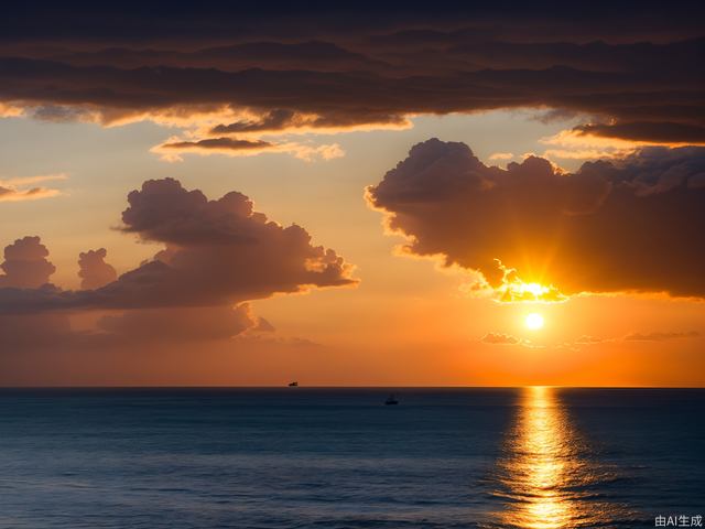 True photography, the vast golden red sun rises from behind clouds on the sea