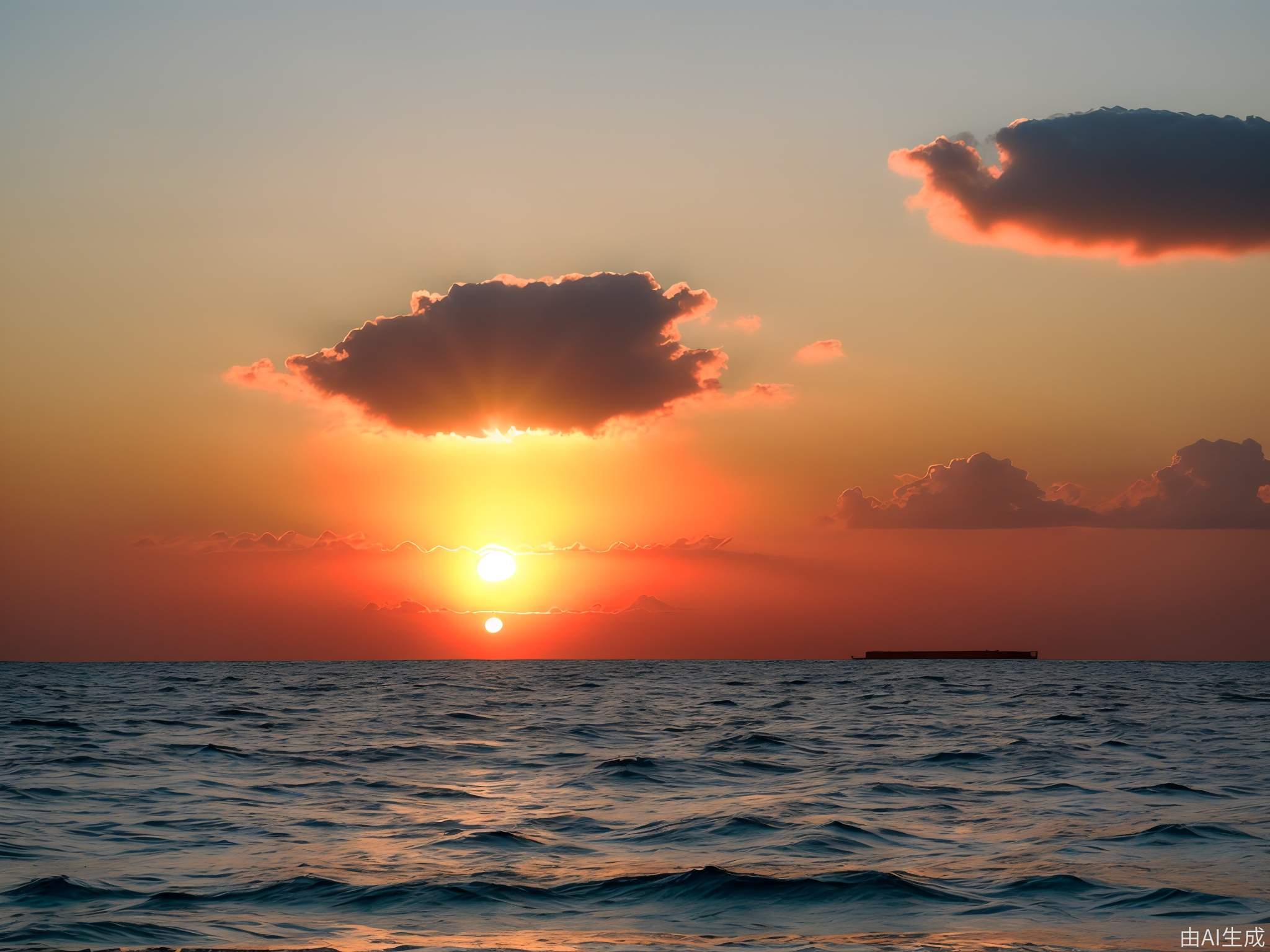 真实摄影，浩瀚的金红色太阳从海上云层后升