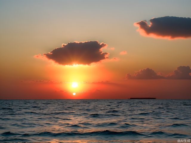 True photography, the vast golden red sun rises from behind clouds on the sea