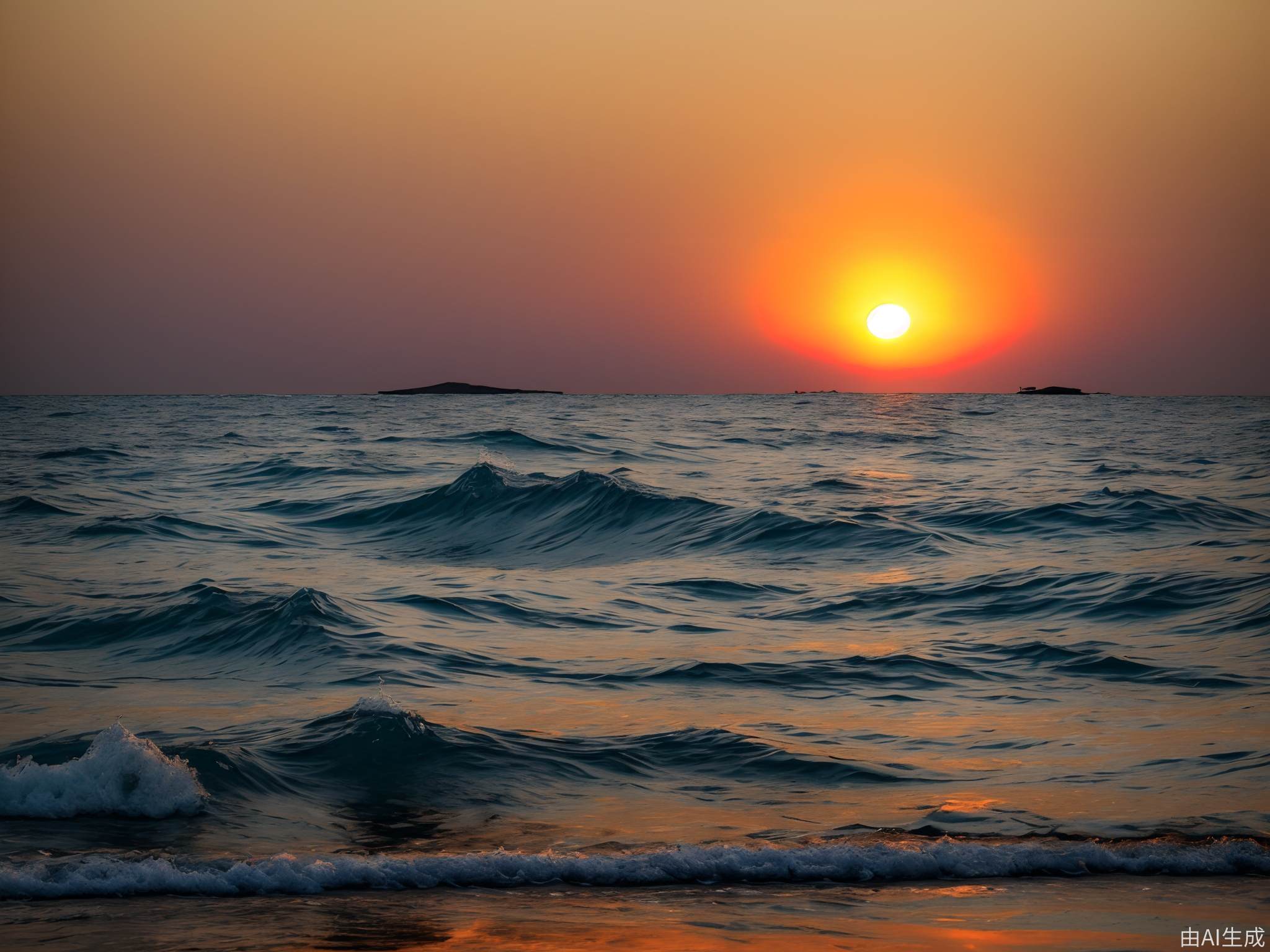 真实摄影，浩瀚的金红色太阳从海上云层后升