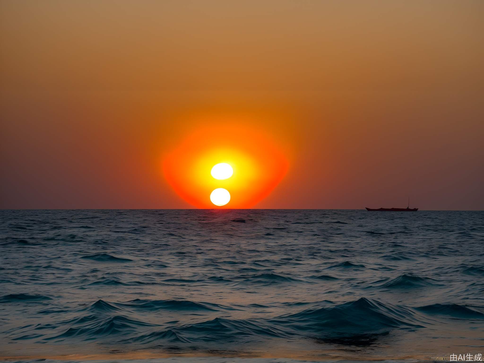 真实摄影，浩瀚的金红色太阳从海上云层后升