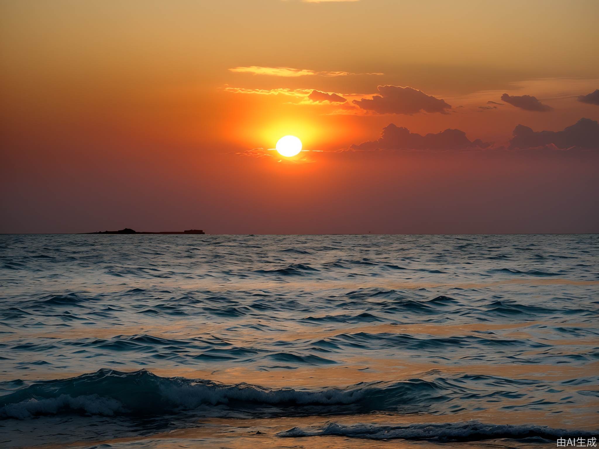 真实摄影，浩瀚的金红色太阳从海上云层后升