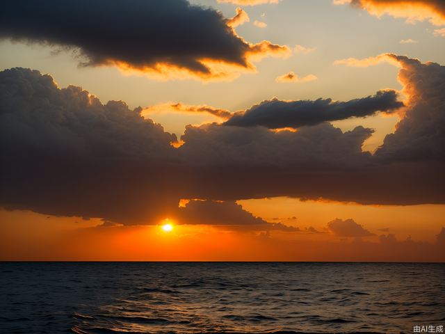 True photography, the vast golden red sun rises from behind clouds on the sea