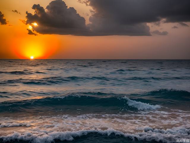 True photography, the vast golden red sun rises from behind clouds on the sea