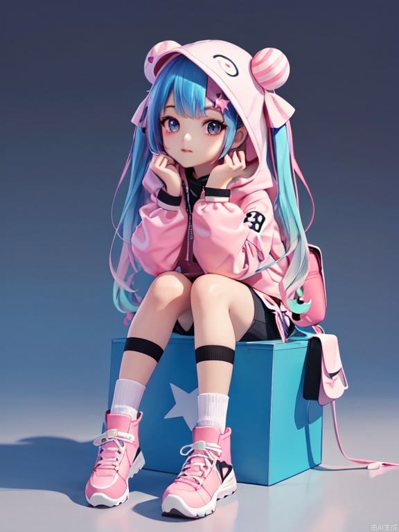 masterpiece, best quality, 8k, cinematic light, ultra high res, chibi, 1girl, bag, backpack, solo, multicolored hair, shorts, star \, (symbol\), blue hair, hood, sitting, pink hair, star hair ornament, head rest, socks, pink footwear, black shorts, hair ornament, full body, boots, bandaid, gradient, twintails, jacket, 