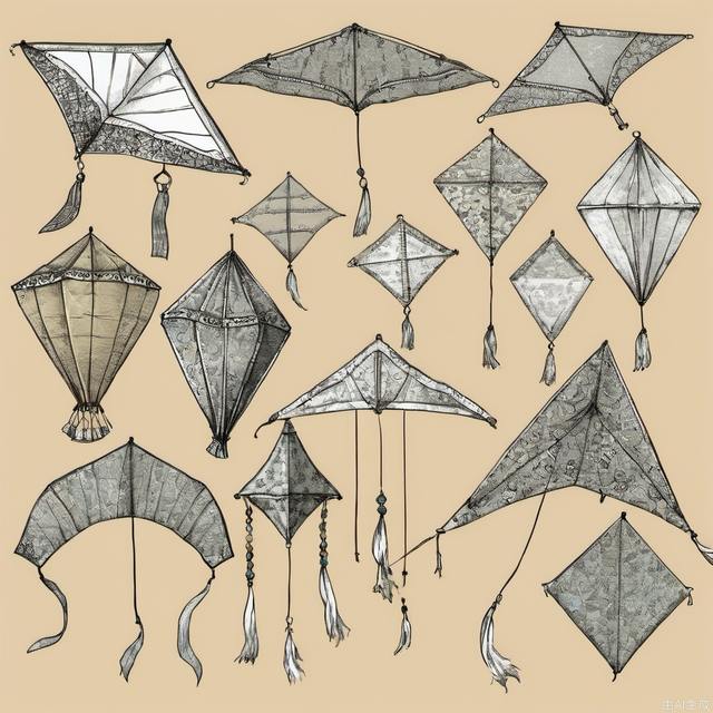 Hand drawn kite set. Sketch. Different kite types and shapes. Vector illustration. Left to right