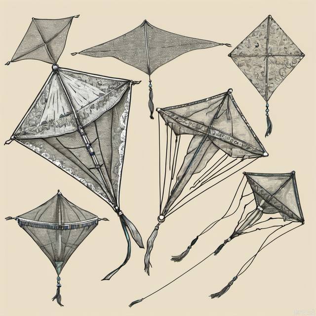 Hand drawn kite set. Sketch. Different kite types and shapes. Vector illustration. Left to right