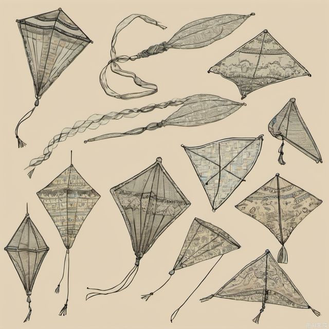 Hand drawn kite set. Sketch. Different kite types and shapes. Vector illustration. Left to right