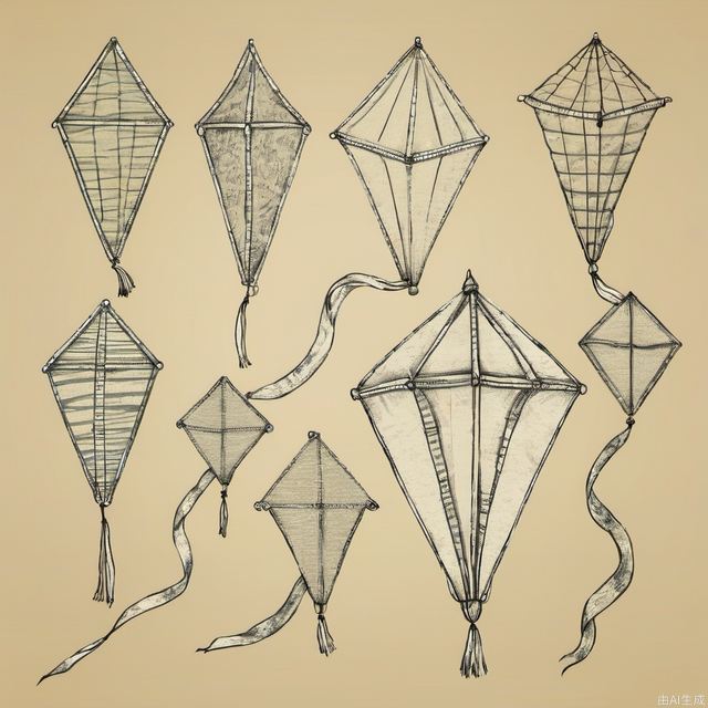 Hand drawn kite set. Sketch. Different kite types and shapes. Vector illustration. Left to right