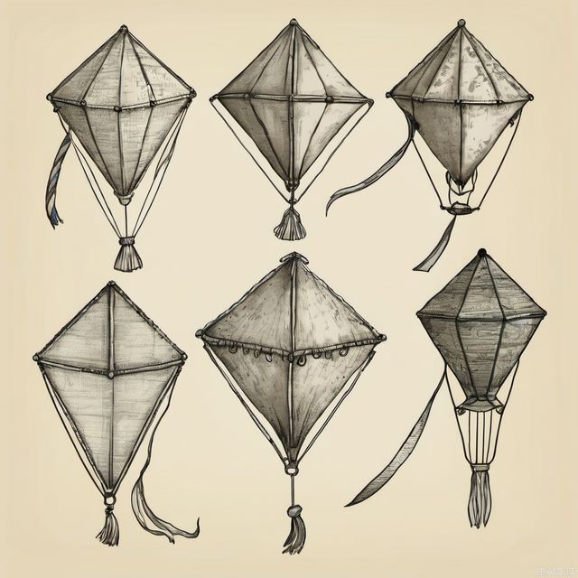 Hand drawn kite set. Sketch. Different kite types and shapes. Vector illustration. Left to right