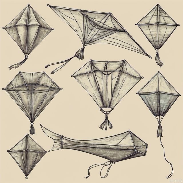 Hand drawn kite set. Sketch. Different kite types and shapes. Vector illustration. Left to right