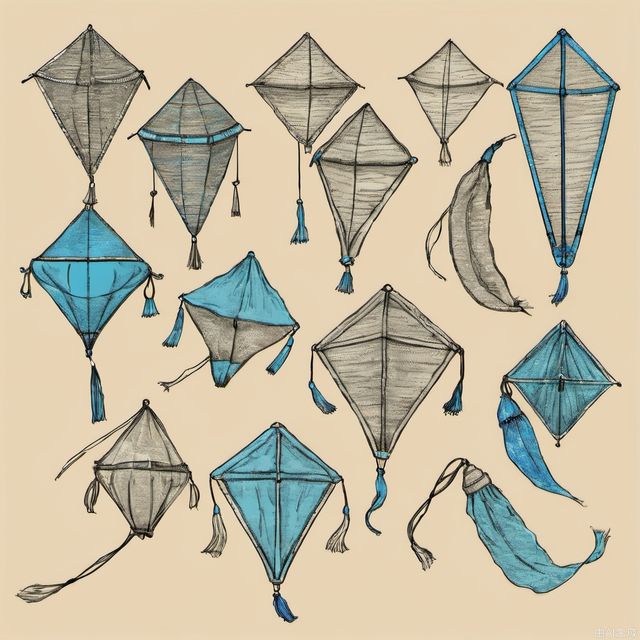 Hand drawn kite set. Sketch. Different kite types and shapes. Vector illustration. Left to right