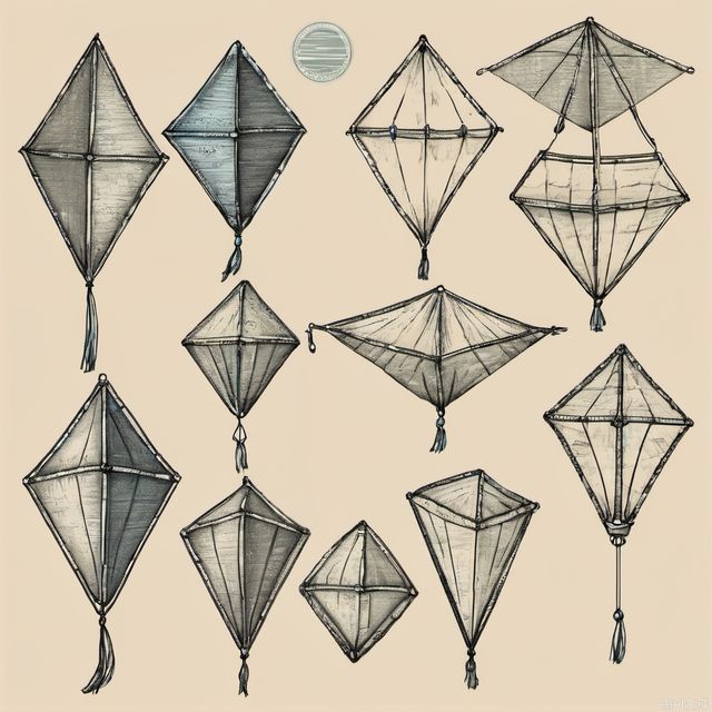 Hand drawn kite set. Sketch. Different kite types and shapes. Vector illustration. Left to right