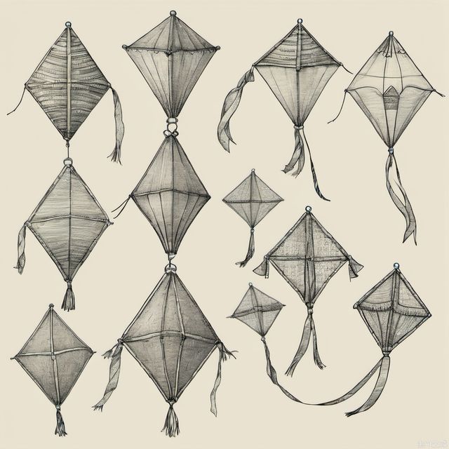 Hand drawn kite set. Sketch. Different kite types and shapes. Vector illustration. Left to right