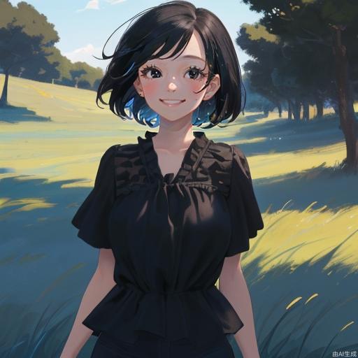 A masterpiece, the best quality, the ultimate details, a beautiful girl with very big eyes and a happy smile, short hair, black hair, black eyes, no other accessories, wearing a black blouse, the background is grassland, blue sky, the wind is blowing