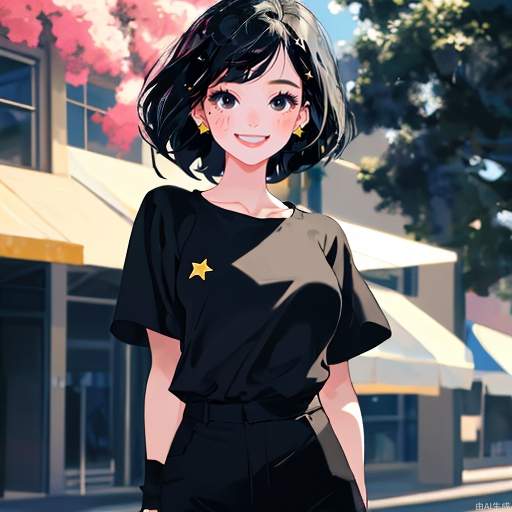 A masterpiece, the best quality, the ultimate detail, a beautiful girl with big eyes and a happy smile, short hair, black hair, black eyes, wearing star studs, wearing a high-necked black shirt, the style of the clothes is biased towards the office, the background is outdoor, no one else, can see that it is summer, the colors are lively, the wind is blowing