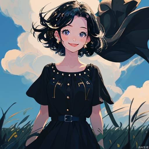 A masterpiece, the best quality, the ultimate in detail, a beautiful girl with big eyes and a happy smile, short hair, black hair, dark eyes, wearing star studs, wearing a black blouse the background is grassland, blue sky, the wind is blowing