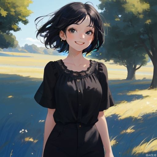 A masterpiece, the best quality, the ultimate details, a beautiful girl with very big eyes and a happy smile, short hair, black hair, black eyes, no other accessories, wearing a black blouse, the background is grassland, blue sky, the wind is blowing