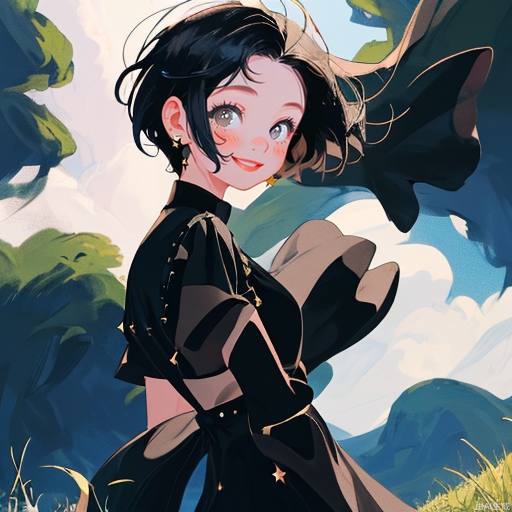 A masterpiece, the best quality, the ultimate in detail, a beautiful girl with big eyes and a happy smile, short hair, black hair, dark eyes, wearing star studs, wearing a black blouse the background is grassland, blue sky, the wind is blowing