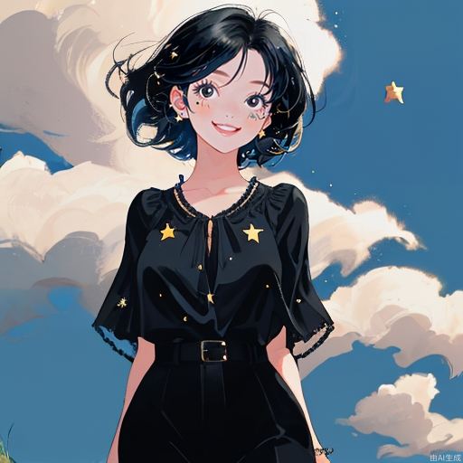 A masterpiece, the best quality, the ultimate details, a beautiful girl with big eyes and a happy smile, short hair, black hair, black eyes, wearing star studs, no other accessories, wearing a black blouse, the background is grassland, blue sky, the wind is blowing